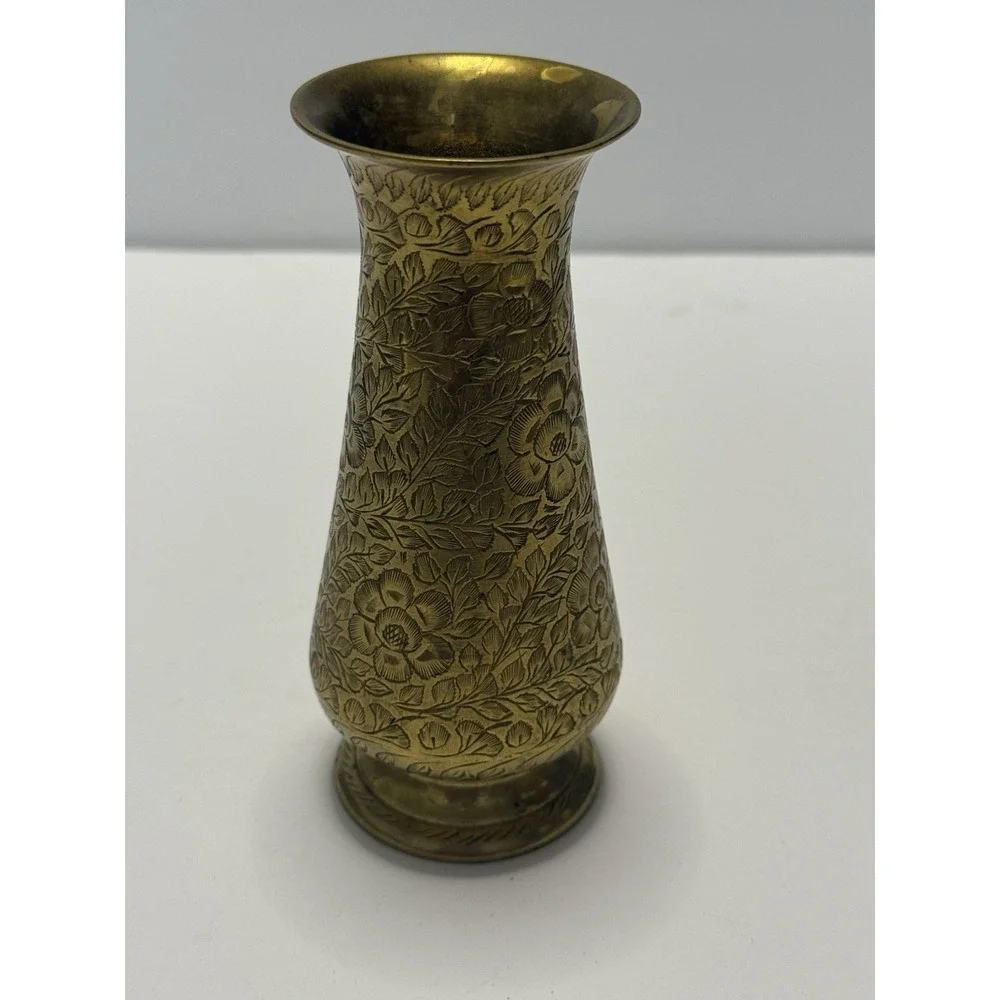 Vintage mini etched Brass Vase Small Bud Holder 6